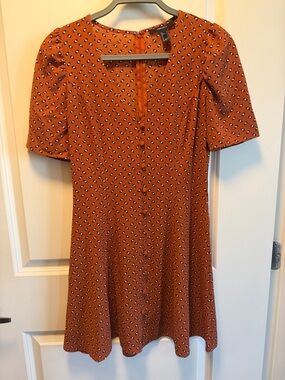 Rust Orange Printed Short Puff-Sleeve Mini Dress
